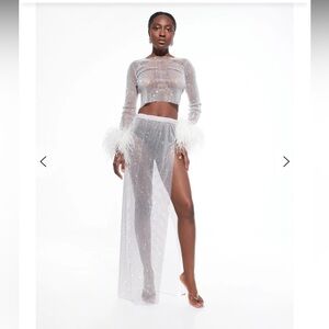 Sheer Sparkle Two-Piece Dress with Feather Cuffs - White